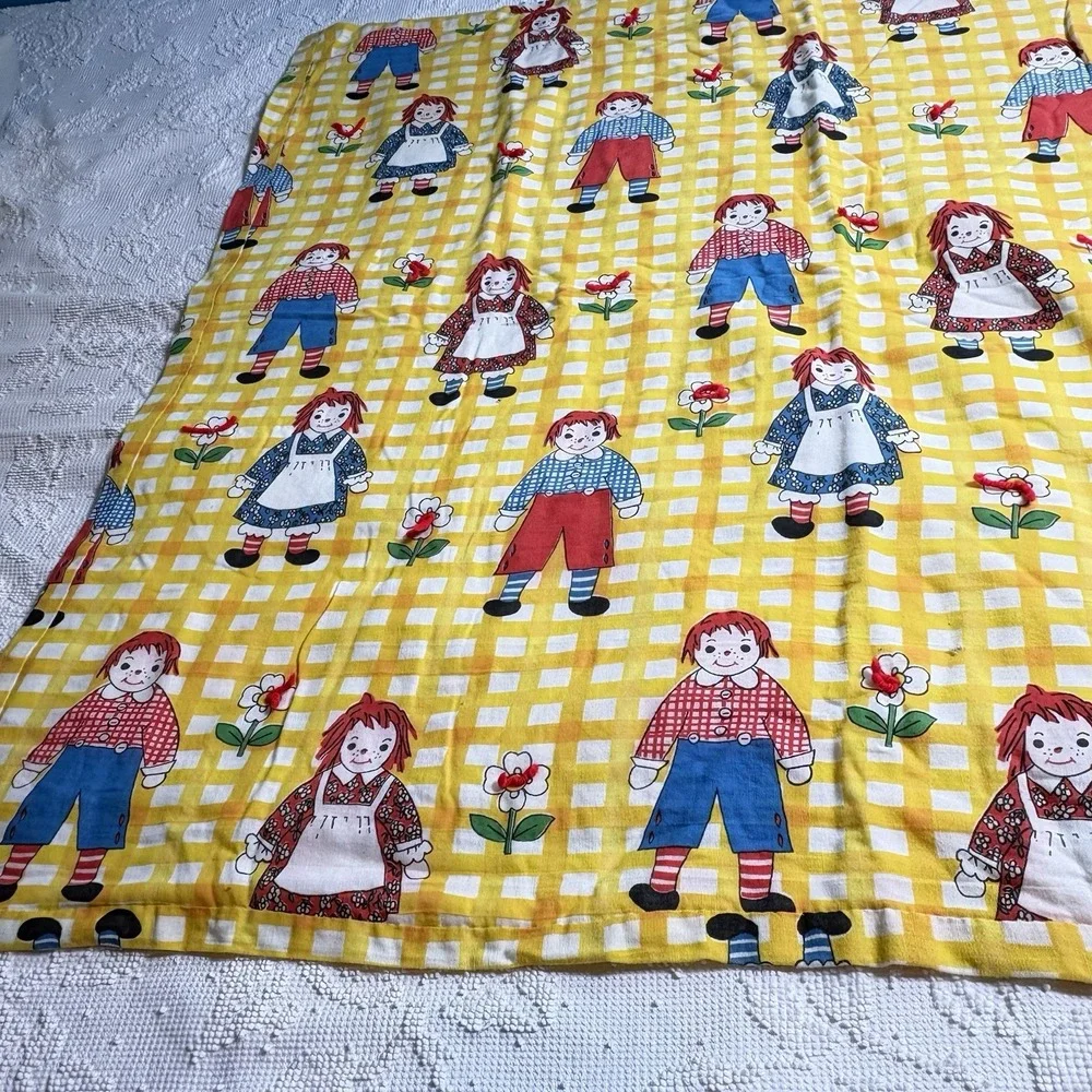 Raggedy Ann Andy Quilt Top Cover Crib Lap Colorful Yellow Gingham 45 X 40